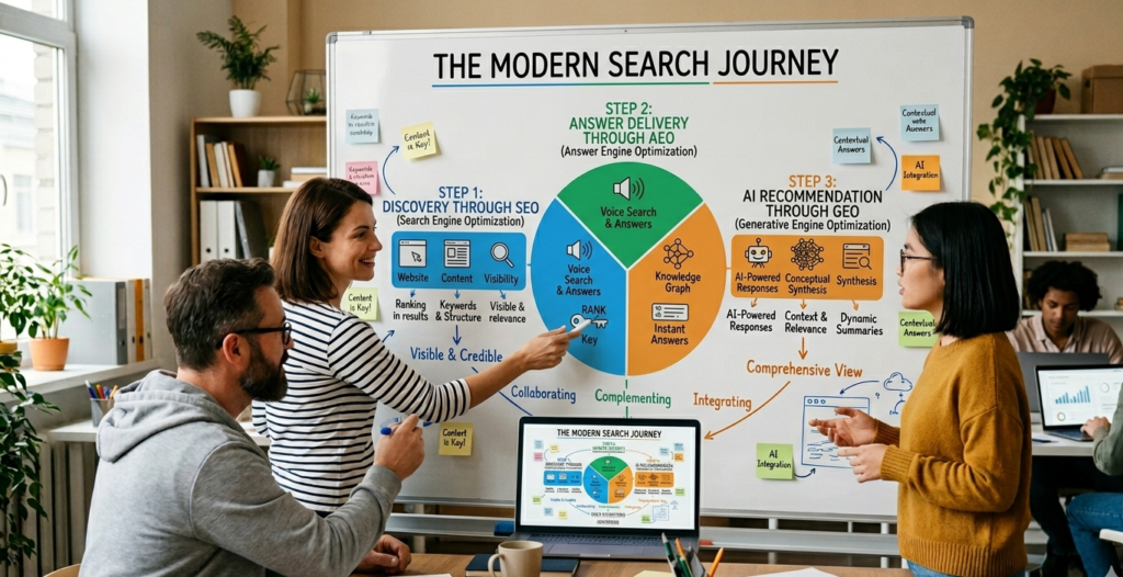 The best way to understand how SEO, AEO, and GEO work together
