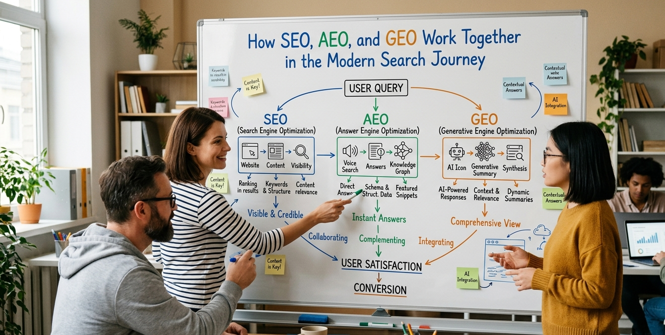 How SEO, AEO, and GEO Work Together in the Modern Search Journey