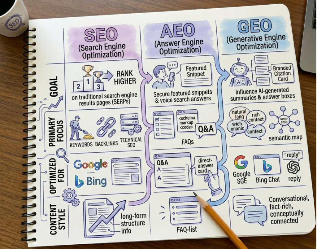Three interconnected circles labeled SEO, AEO, GEO
