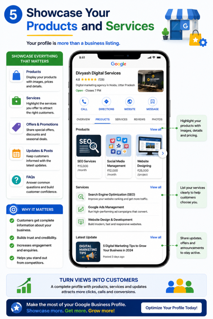 Image Placement Idea: Google Business Profile with Products and Services section highlighted.